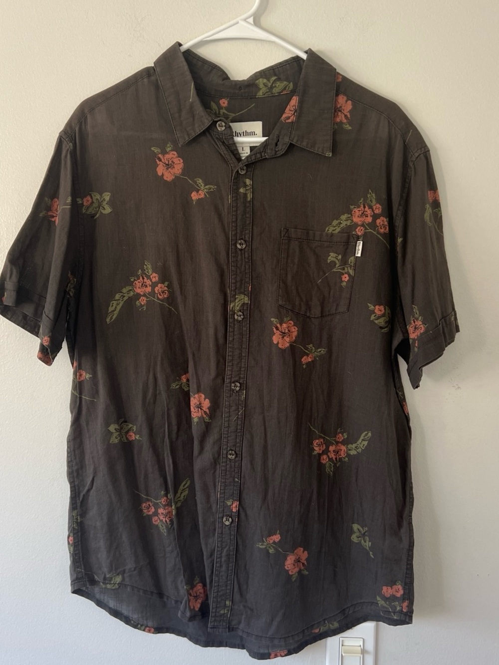 Rhythm. Men's Black Button-Up Shirt with Red Floral Print